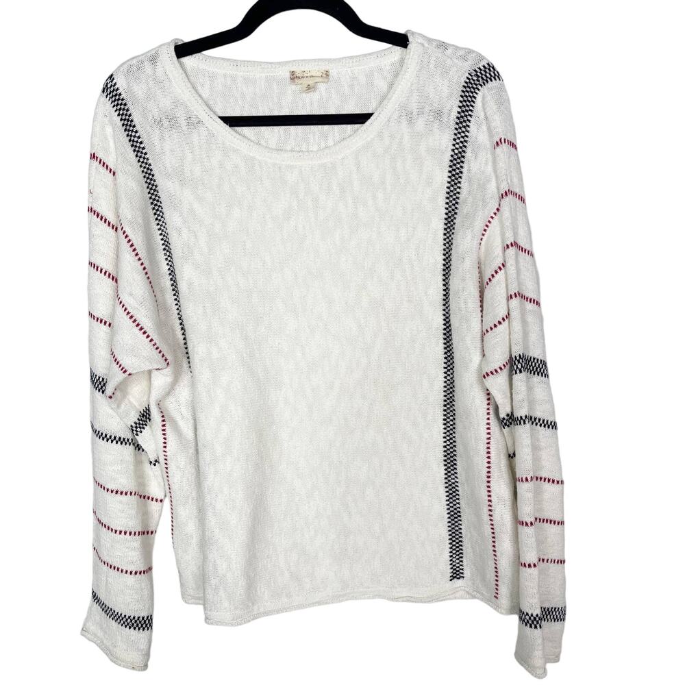 Hem & Thread Medium M White Striped Sleeve Scoop Neck Sweater Red Black Cotton